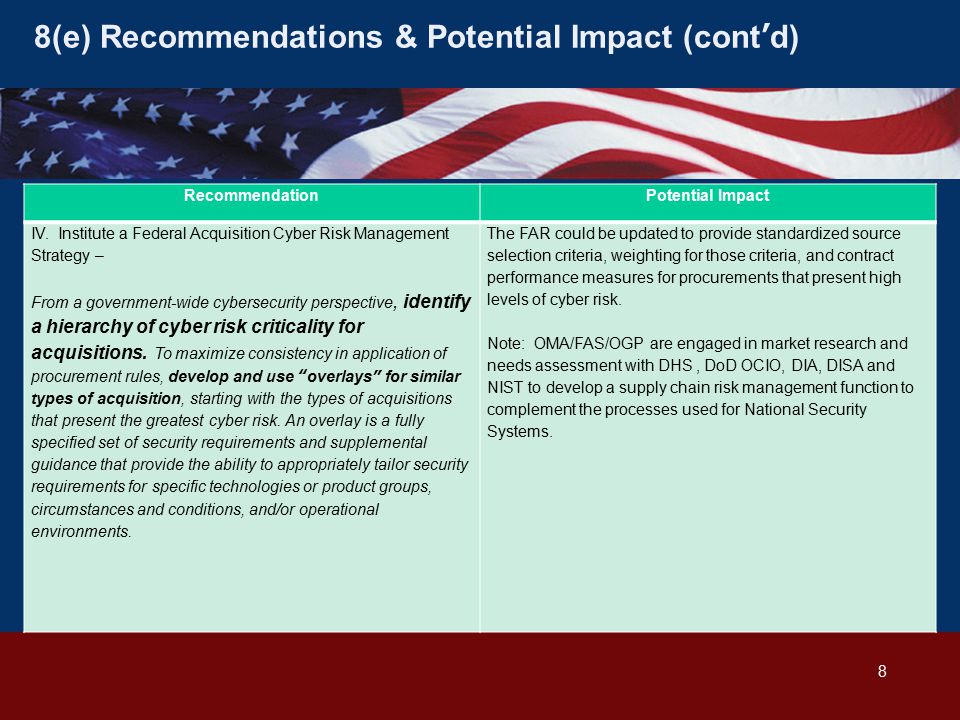 8(e) Recommendations & Potential Impact (cont’d) RecommendationPotential Impact IV.