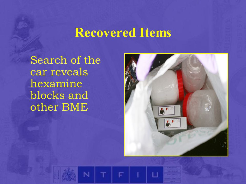 Recovered Items Search of the car reveals hexamine blocks and other BME
