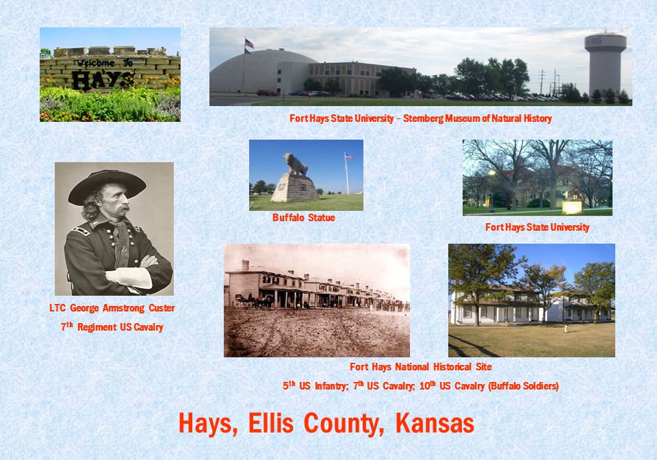 Hays, Ellis County, Kansas Fort Hays State University – Sternberg Museum of Natural History Fort Hays State University Buffalo Statue LTC George Armstrong Custer 7 th Regiment US Cavalry Fort Hays National Historical Site 5 th US Infantry; 7 th US Cavalry; 10 th US Cavalry (Buffalo Soldiers)