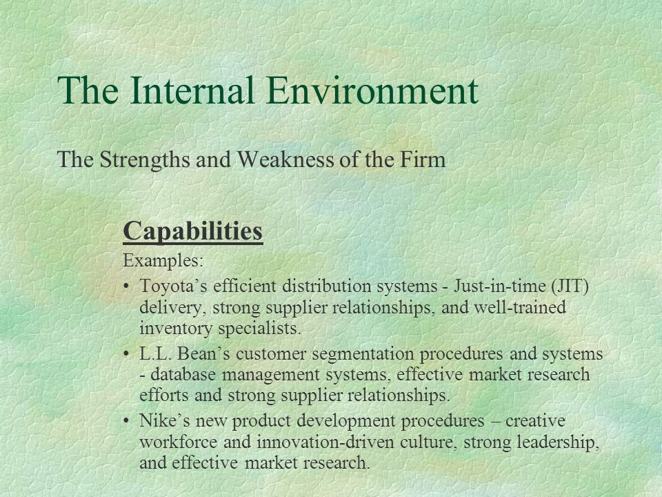 The Internal Environment The Strengths and Weakness of the Firm  A Firm's  Tangible & Intangible Resources combine with Firm's Capabilities to create  Distinctive. - ppt download