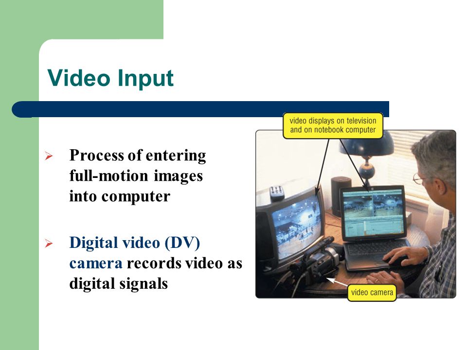 Video Input  Process of entering full-motion images into computer  Digital video (DV) camera records video as digital signals