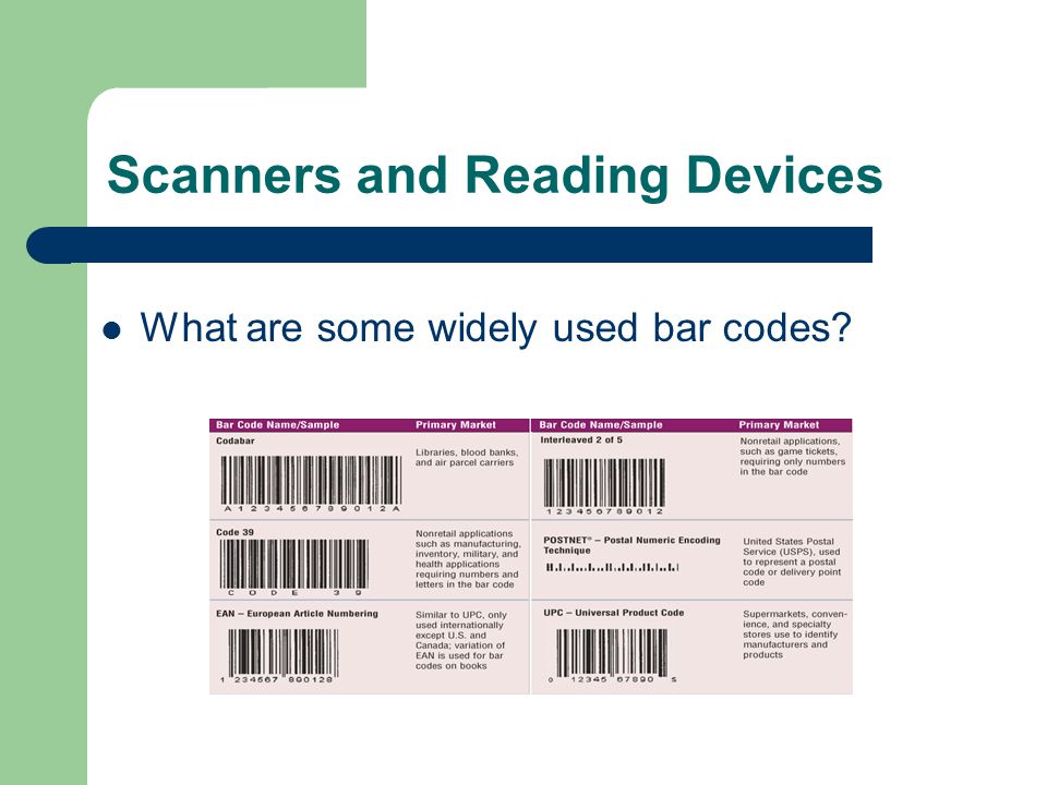 Scanners and Reading Devices What are some widely used bar codes