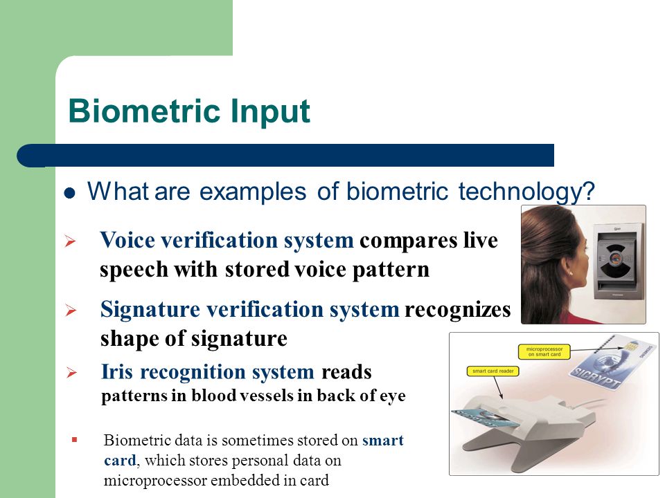 Biometric Input What are examples of biometric technology.