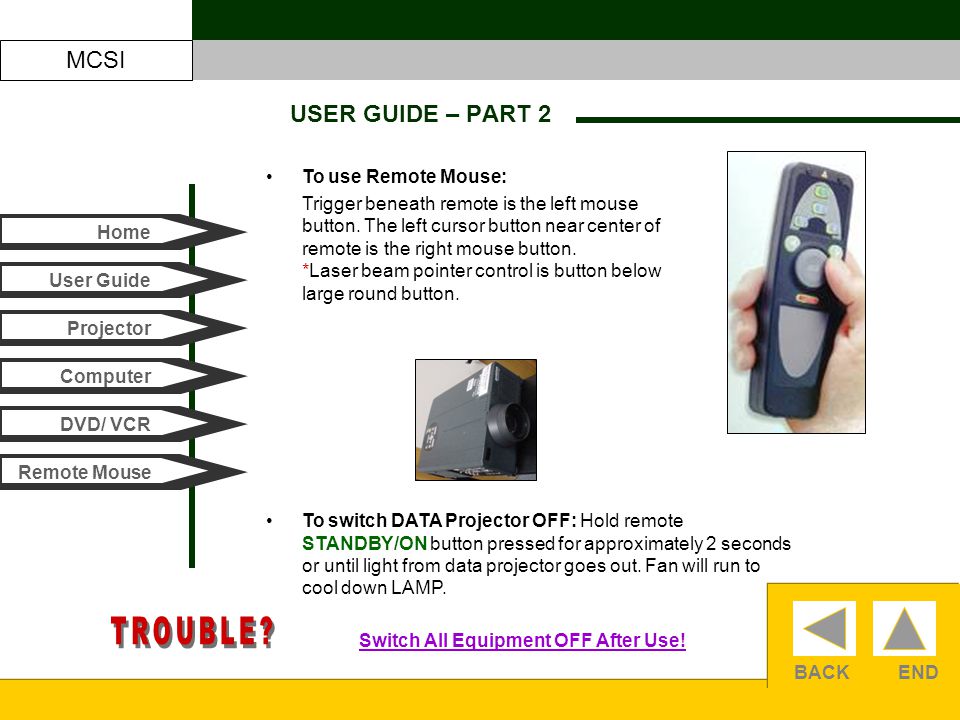 BACKEND USER GUIDE – PART 2 Home User Guide Computer Projector DVD/ VCR Remote Mouse To use Remote Mouse: Trigger beneath remote is the left mouse button.