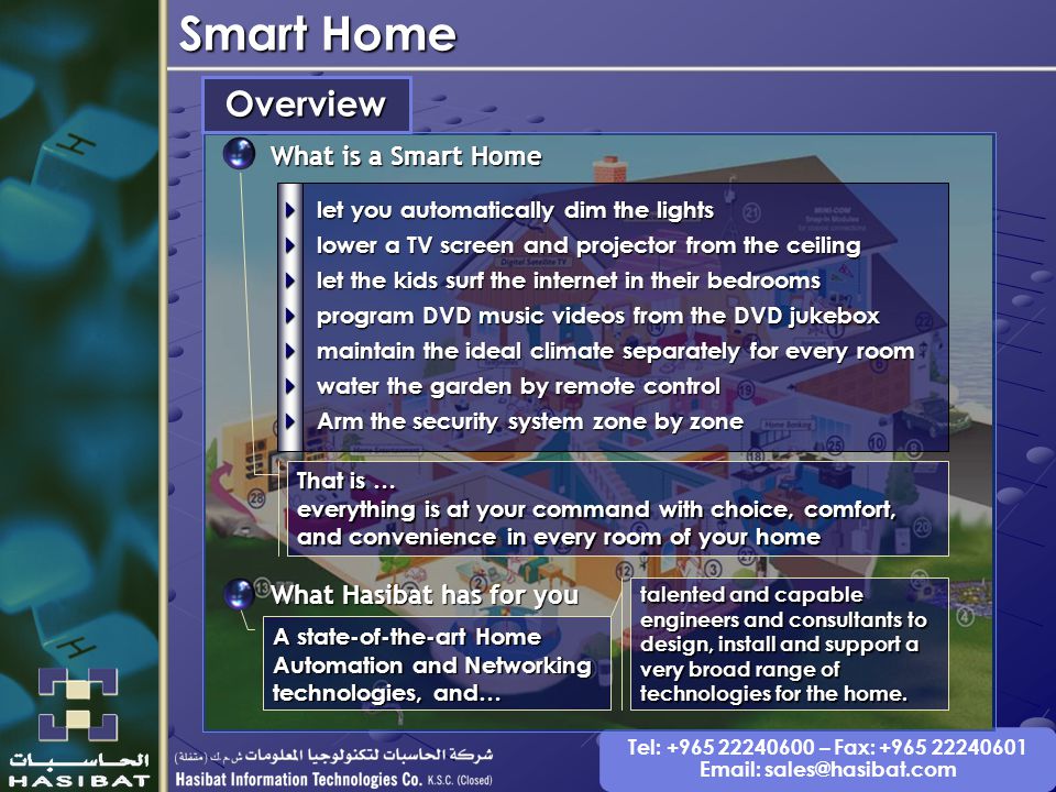 Tel: – Fax: Smart Home Overview  let you automatically dim the lights  lower a TV screen and projector from the ceiling  let the kids surf the internet in their bedrooms  program DVD music videos from the DVD jukebox  maintain the ideal climate separately for every room  water the garden by remote control  Arm the security system zone by zone What is a Smart Home What Hasibat has for you A state-of-the-art Home Automation and Networking technologies, and… talented and capable engineers and consultants to design, install and support a very broad range of technologies for the home.