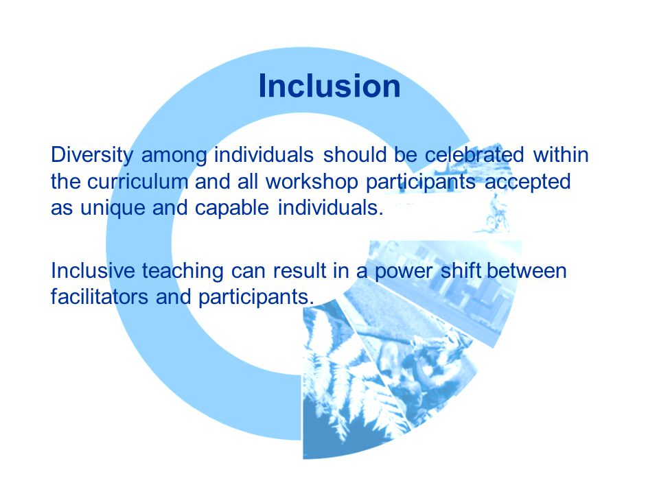 Inclusion Diversity among individuals should be celebrated within the curriculum and all workshop participants accepted as unique and capable individuals.