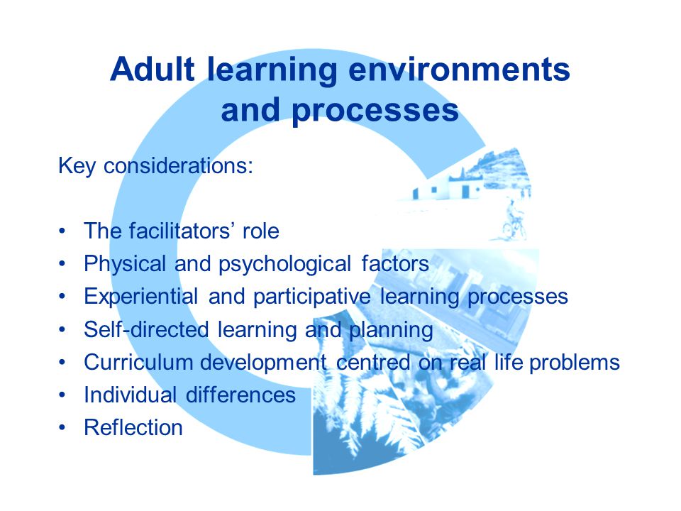 Adult learning environments and processes Key considerations: The facilitators’ role Physical and psychological factors Experiential and participative learning processes Self-directed learning and planning Curriculum development centred on real life problems Individual differences Reflection
