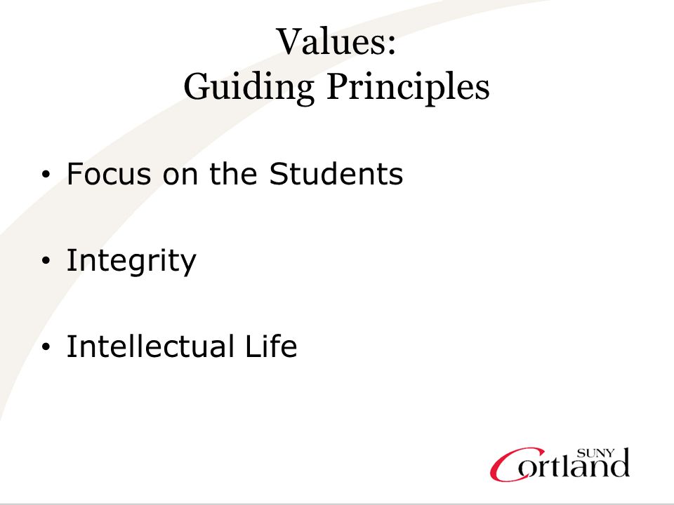 Values: Guiding Principles Focus on the Students Integrity Intellectual Life