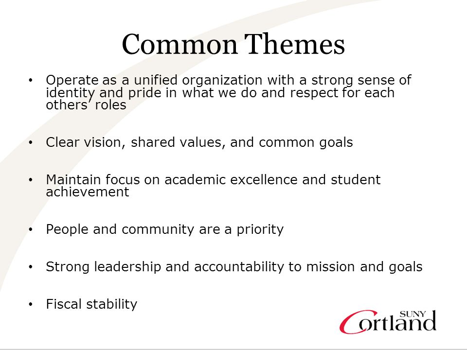 Common Themes Operate as a unified organization with a strong sense of identity and pride in what we do and respect for each others’ roles Clear vision, shared values, and common goals Maintain focus on academic excellence and student achievement People and community are a priority Strong leadership and accountability to mission and goals Fiscal stability