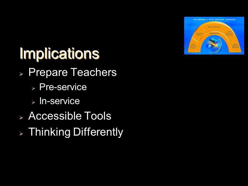 Implications  Prepare Teachers  Pre-service  In-service  Accessible Tools  Thinking Differently