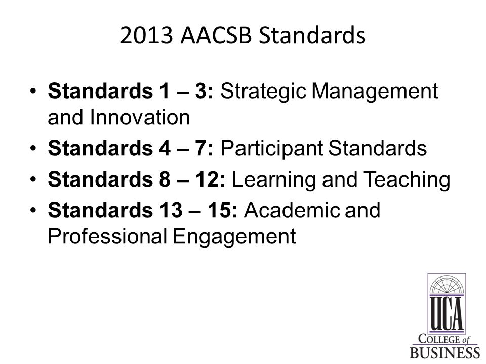 2013 AACSB Standards Standards 1 – 3: Strategic Management and Innovation Standards 4 – 7: Participant Standards Standards 8 – 12: Learning and Teaching Standards 13 – 15: Academic and Professional Engagement