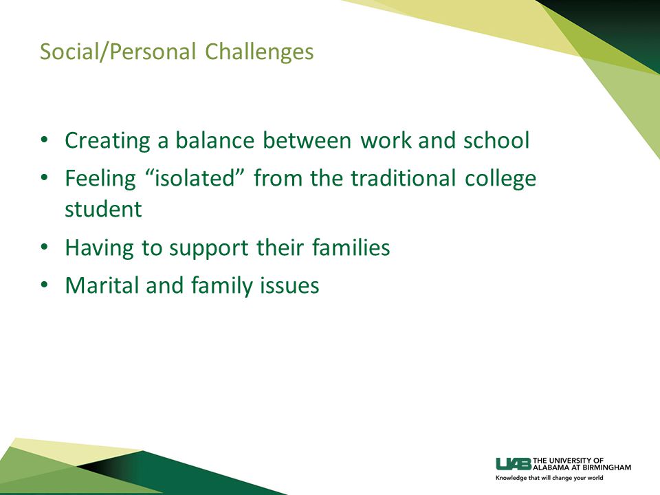 Social/Personal Challenges Creating a balance between work and school Feeling isolated from the traditional college student Having to support their families Marital and family issues