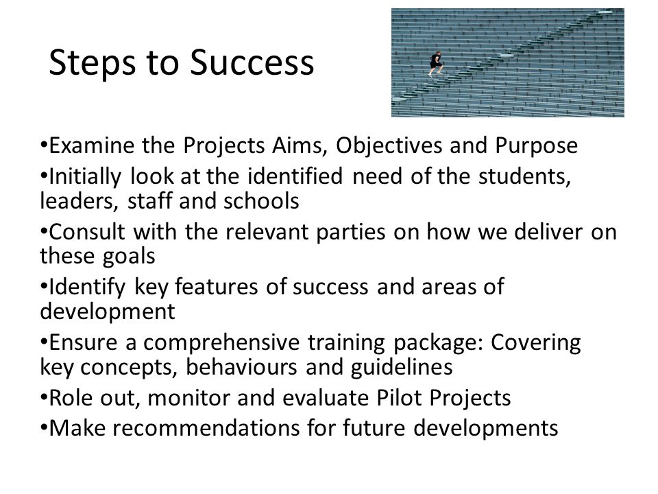 Steps to Success Examine the Projects Aims, Objectives and Purpose Initially look at the identified need of the students, leaders, staff and schools Consult with the relevant parties on how we deliver on these goals Identify key features of success and areas of development Ensure a comprehensive training package: Covering key concepts, behaviours and guidelines Role out, monitor and evaluate Pilot Projects Make recommendations for future developments
