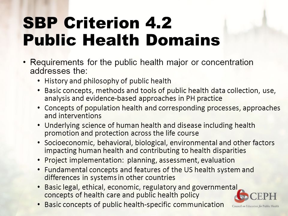 SBP Criterion 4.2 Public Health Domains Requirements for the public health major or concentration addresses the: History and philosophy of public health Basic concepts, methods and tools of public health data collection, use, analysis and evidence-based approaches in PH practice Concepts of population health and corresponding processes, approaches and interventions Underlying science of human health and disease including health promotion and protection across the life course Socioeconomic, behavioral, biological, environmental and other factors impacting human health and contributing to health disparities Project implementation: planning, assessment, evaluation Fundamental concepts and features of the US health system and differences in systems in other countries Basic legal, ethical, economic, regulatory and governmental concepts of health care and public health policy Basic concepts of public health-specific communication