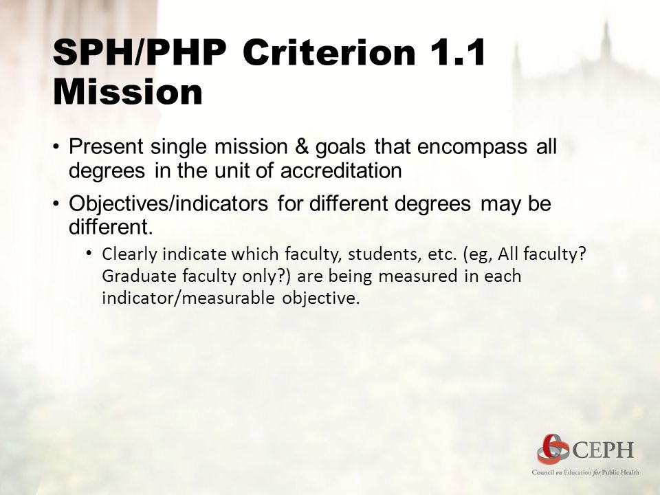 SPH/PHP Criterion 1.1 Mission Present single mission & goals that encompass all degrees in the unit of accreditation Objectives/indicators for different degrees may be different.