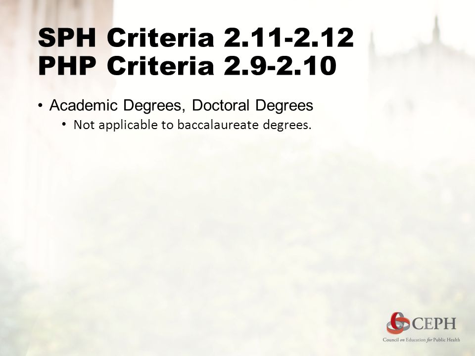 SPH Criteria PHP Criteria Academic Degrees, Doctoral Degrees Not applicable to baccalaureate degrees.