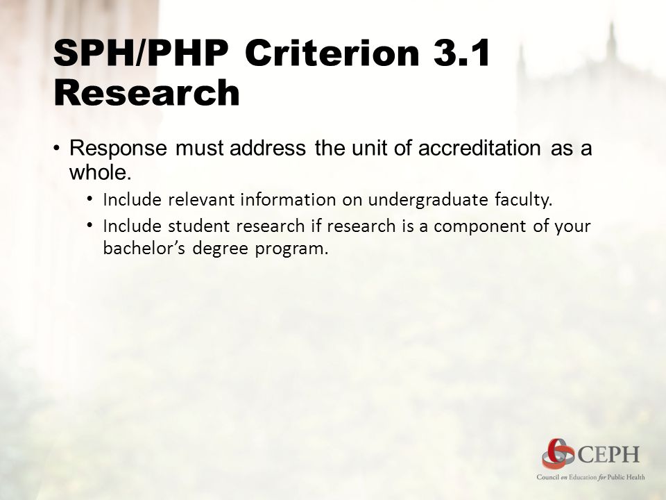SPH/PHP Criterion 3.1 Research Response must address the unit of accreditation as a whole.