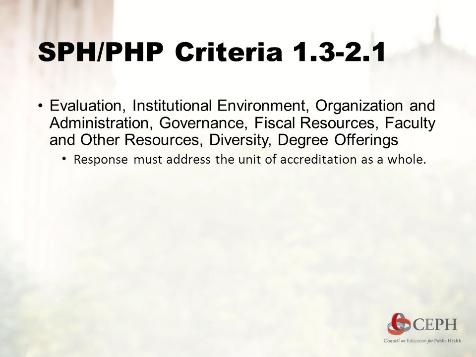 SPH/PHP Criteria Evaluation, Institutional Environment, Organization and Administration, Governance, Fiscal Resources, Faculty and Other Resources, Diversity, Degree Offerings Response must address the unit of accreditation as a whole.