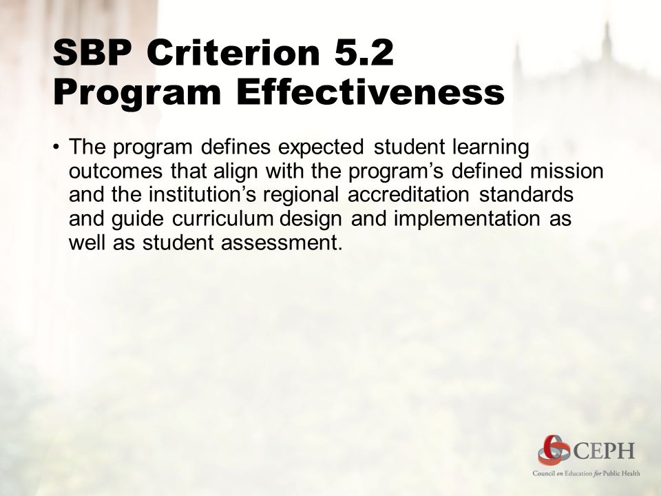 SBP Criterion 5.2 Program Effectiveness The program defines expected student learning outcomes that align with the program’s defined mission and the institution’s regional accreditation standards and guide curriculum design and implementation as well as student assessment.