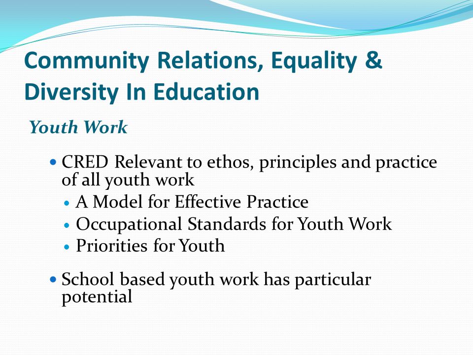Youth Work CRED Relevant to ethos, principles and practice of all youth work A Model for Effective Practice Occupational Standards for Youth Work Priorities for Youth School based youth work has particular potential