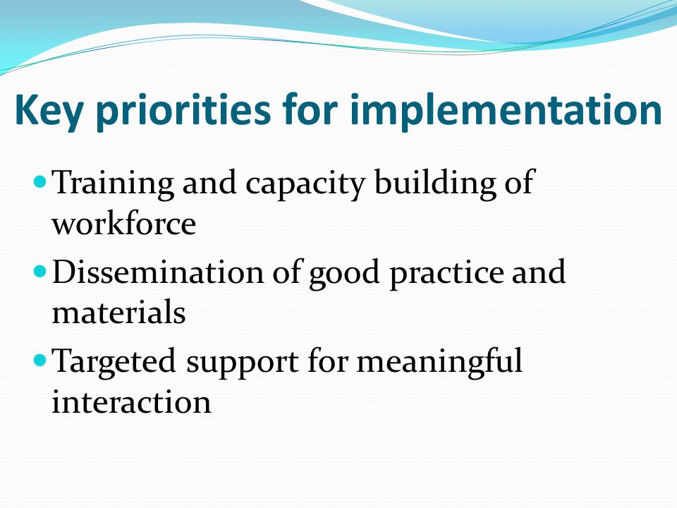 Key priorities for implementation Training and capacity building of workforce Dissemination of good practice and materials Targeted support for meaningful interaction