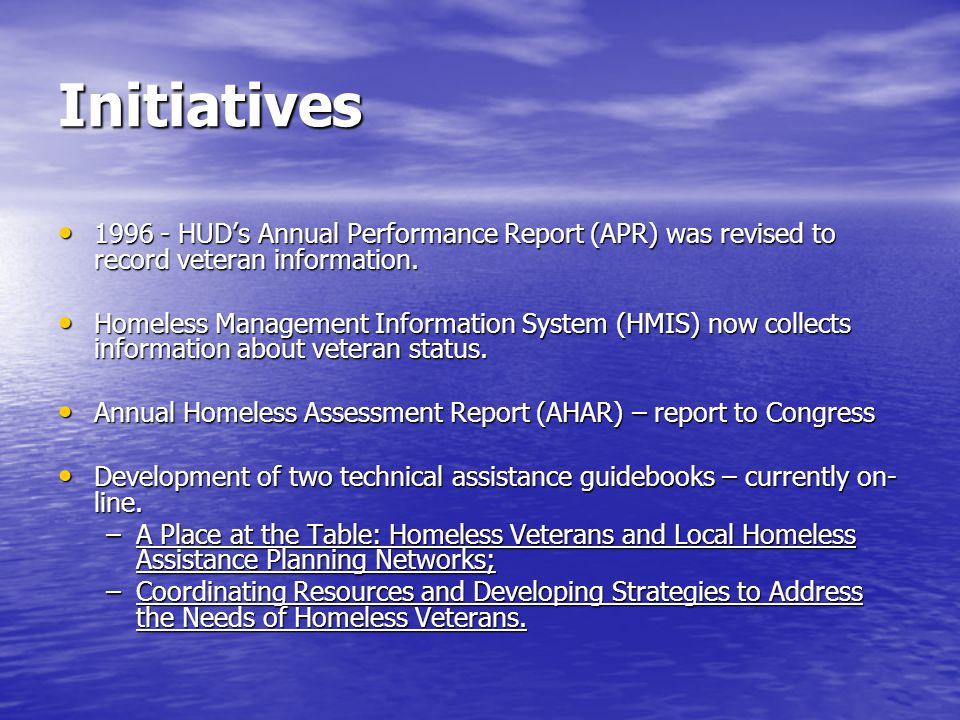 HUD Veteran Project Funding in veteran-specific projects were awarded just over $30 million (3% of funded projects) 145 veteran-specific projects were awarded just over $30 million (3% of funded projects) 2,466 projects serving veterans among others were awarded $631.5 million (47% of funded projects) 2,466 projects serving veterans among others were awarded $631.5 million (47% of funded projects) Total projects serving veterans – 2,611 (50% of funded projects) Total projects serving veterans – 2,611 (50% of funded projects)