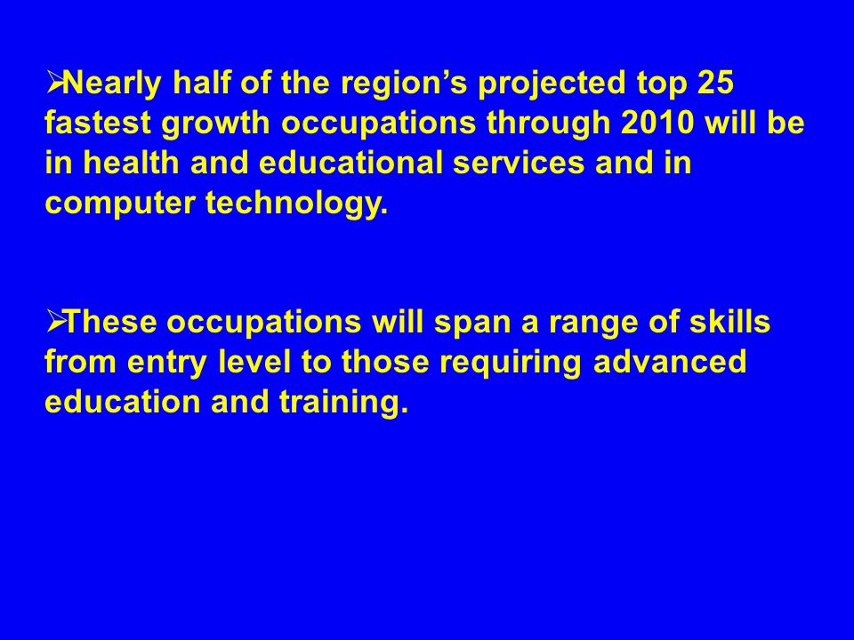  Nearly half of the region’s projected top 25 fastest growth occupations through 2010 will be in health and educational services and in computer technology.