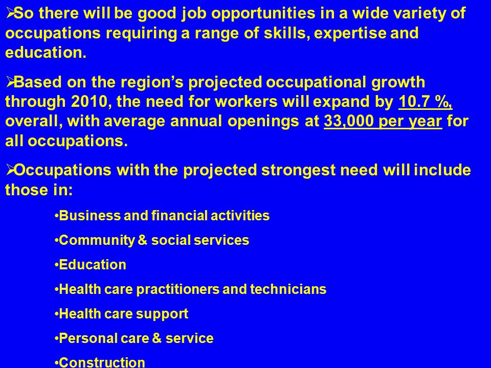  So there will be good job opportunities in a wide variety of occupations requiring a range of skills, expertise and education.