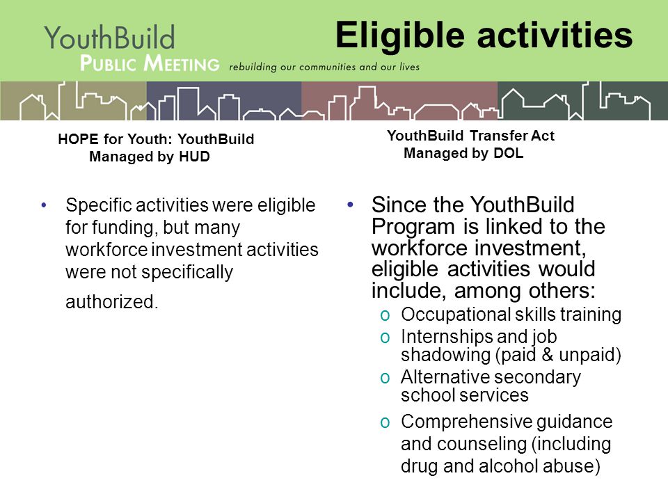 Eligible activities Specific activities were eligible for funding, but many workforce investment activities were not specifically authorized.