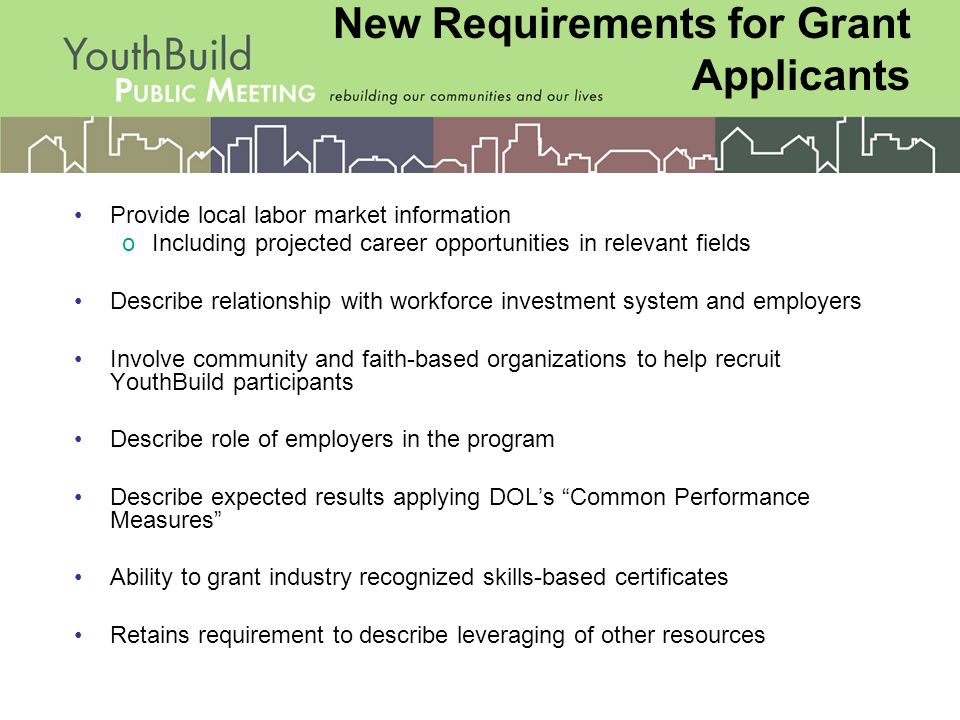 Provide local labor market information oIncluding projected career opportunities in relevant fields Describe relationship with workforce investment system and employers Involve community and faith-based organizations to help recruit YouthBuild participants Describe role of employers in the program Describe expected results applying DOL’s Common Performance Measures Ability to grant industry recognized skills-based certificates Retains requirement to describe leveraging of other resources New Requirements for Grant Applicants