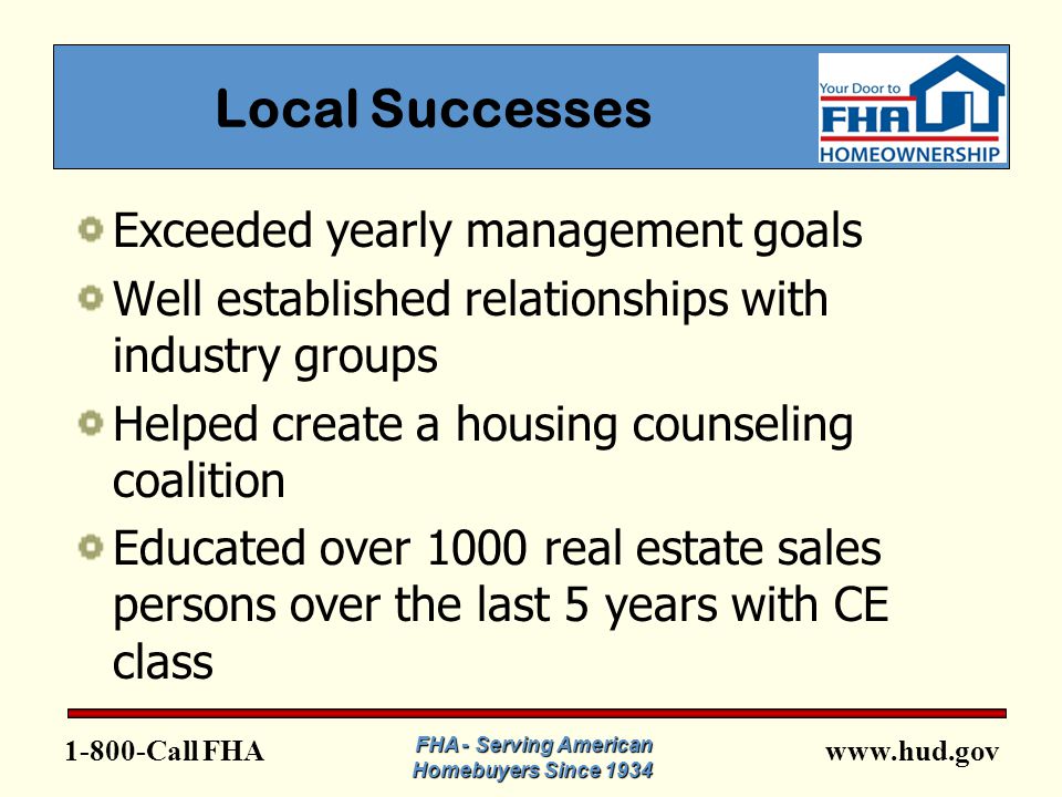 FHA Local Successes Exceeded yearly management goals Well established relationships with industry groups Helped create a housing counseling coalition Educated over 1000 real estate sales persons over the last 5 years with CE class FHA - Serving American Homebuyers Since 1934