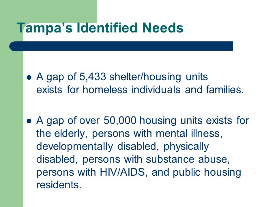 Tampa’s Identified Needs A gap of 5,433 shelter/housing units exists for homeless individuals and families.