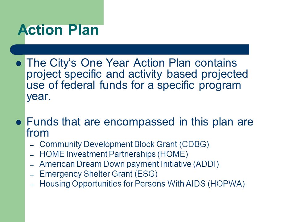 Action Plan The City’s One Year Action Plan contains project specific and activity based projected use of federal funds for a specific program year.
