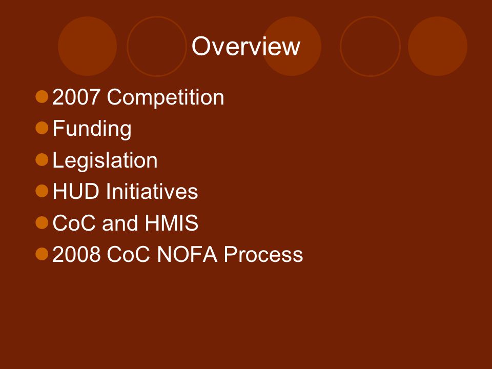 Overview 2007 Competition Funding Legislation HUD Initiatives CoC and HMIS 2008 CoC NOFA Process