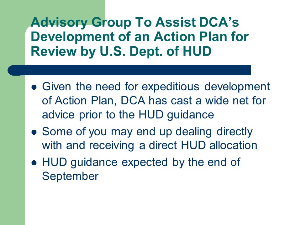Advisory Group To Assist DCA’s Development of an Action Plan for Review by U.S.