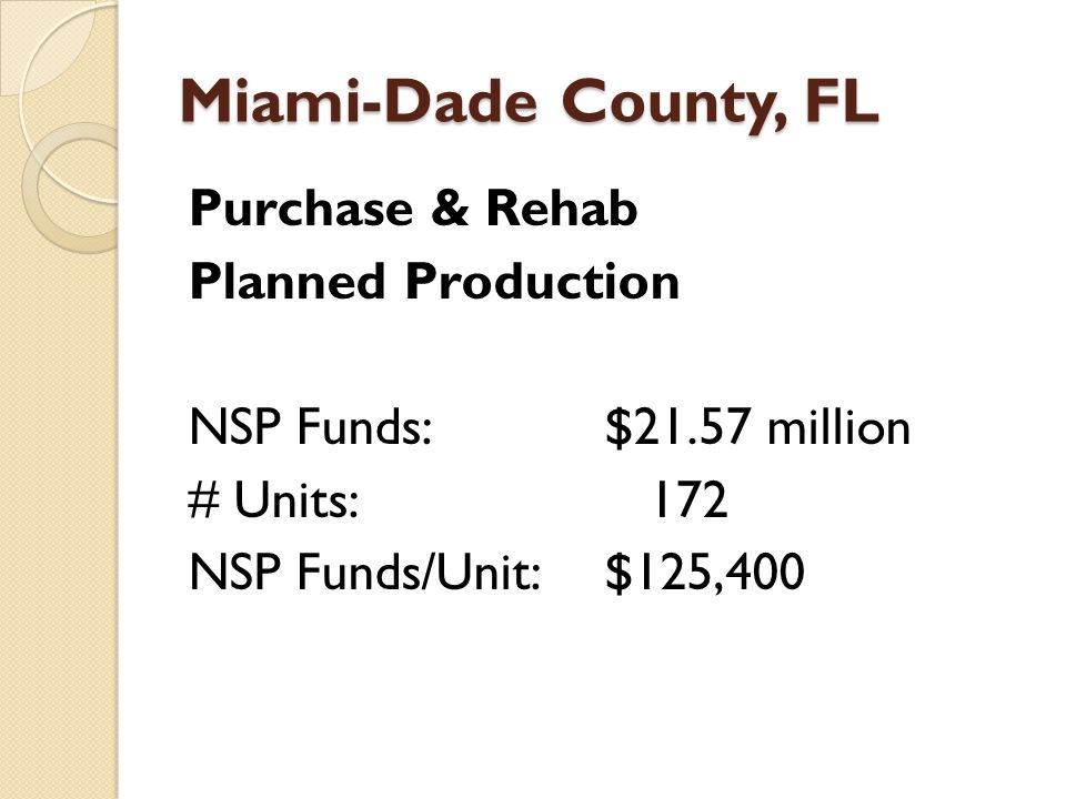 Miami-Dade County, FL Purchase & Rehab Planned Production NSP Funds:$21.57 million # Units: 172 NSP Funds/Unit:$125,400