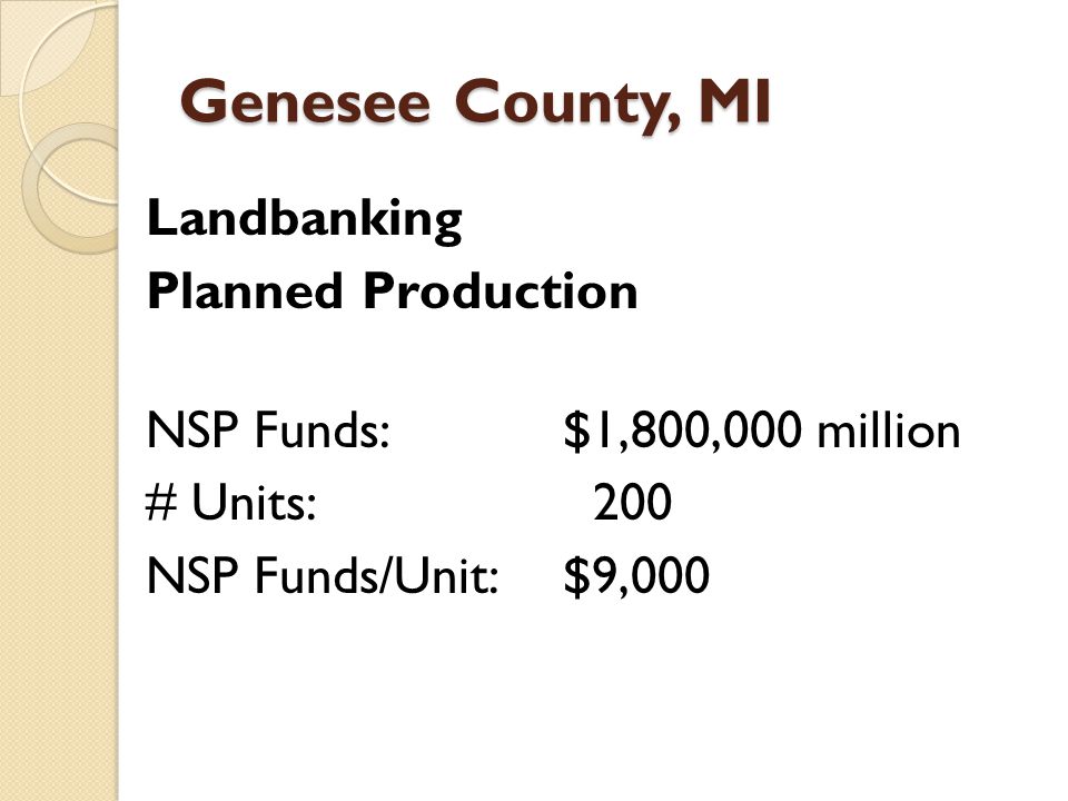 Genesee County, MI Landbanking Planned Production NSP Funds:$1,800,000 million # Units: 200 NSP Funds/Unit:$9,000