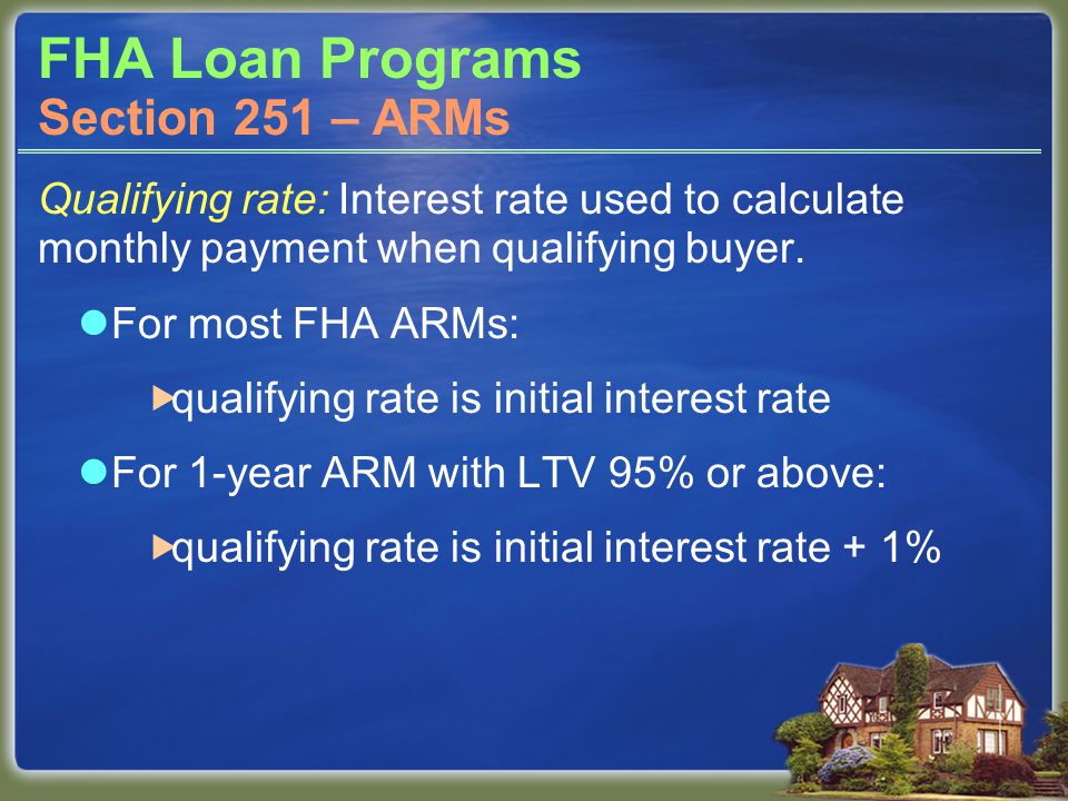 FHA Loan Programs Qualifying rate: Interest rate used to calculate monthly payment when qualifying buyer.