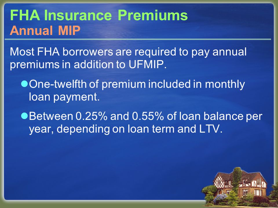 FHA Insurance Premiums Most FHA borrowers are required to pay annual premiums in addition to UFMIP.