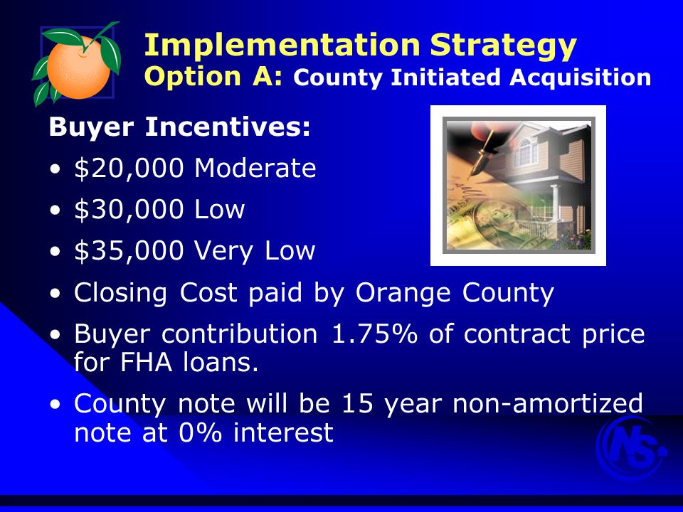 Implementation Strategy Option A: County Initiated Acquisition Buyer Incentives: $20,000 Moderate $30,000 Low $35,000 Very Low Closing Cost paid by Orange County Buyer contribution 1.75% of contract price for FHA loans.