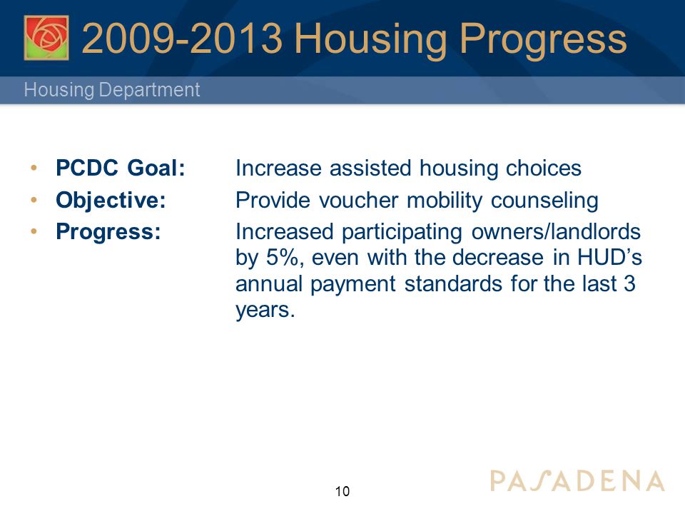 Housing Department Housing Progress PCDC Goal:Increase assisted housing choices Objective: Provide voucher mobility counseling Progress: Increased participating owners/landlords by 5%, even with the decrease in HUD’s annual payment standards for the last 3 years.