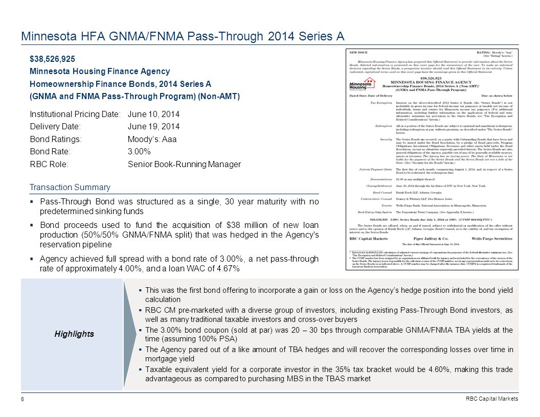 RBC Capital Markets 6 Minnesota HFA GNMA/FNMA Pass-Through 2014 Series A Highlights  This was the first bond offering to incorporate a gain or loss on the Agency’s hedge position into the bond yield calculation  RBC CM pre-marketed with a diverse group of investors, including existing Pass-Through Bond investors, as well as many traditional taxable investors and cross-over buyers  The 3.00% bond coupon (sold at par) was 20 – 30 bps through comparable GNMA/FNMA TBA yields at the time (assuming 100% PSA)  The Agency pared out of a like amount of TBA hedges and will recover the corresponding losses over time in mortgage yield  Taxable equivalent yield for a corporate investor in the 35% tax bracket would be 4.60%, making this trade advantageous as compared to purchasing MBS in the TBAS market $38,526,925 Minnesota Housing Finance Agency Homeownership Finance Bonds, 2014 Series A (GNMA and FNMA Pass-Through Program) (Non-AMT) Institutional Pricing Date:June 10, 2014 Delivery Date:June 19, 2014 Bond Ratings:Moody’s: Aaa Bond Rate:3.00% RBC Role:Senior Book-Running Manager  Pass-Through Bond was structured as a single, 30 year maturity with no predetermined sinking funds  Bond proceeds used to fund the acquisition of $38 million of new loan production (50%/50% GNMA/FNMA split) that was hedged in the Agency s reservation pipeline  Agency achieved full spread with a bond rate of 3.00%, a net pass-through rate of approximately 4.00%, and a loan WAC of 4.67% Transaction Summary