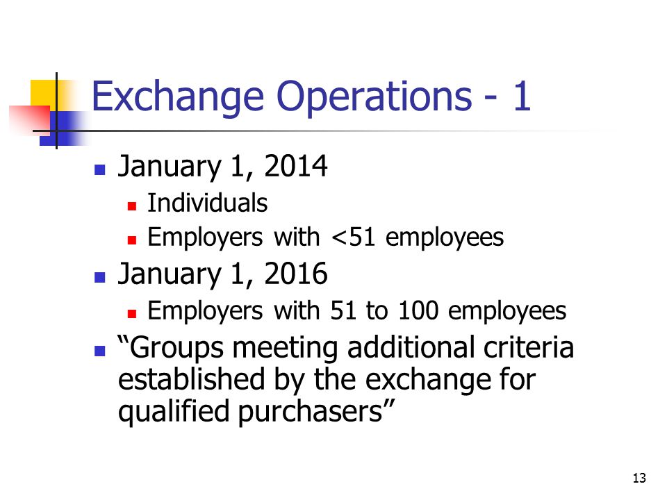 13 Exchange Operations - 1 January 1, 2014 Individuals Employers with <51 employees January 1, 2016 Employers with 51 to 100 employees Groups meeting additional criteria established by the exchange for qualified purchasers