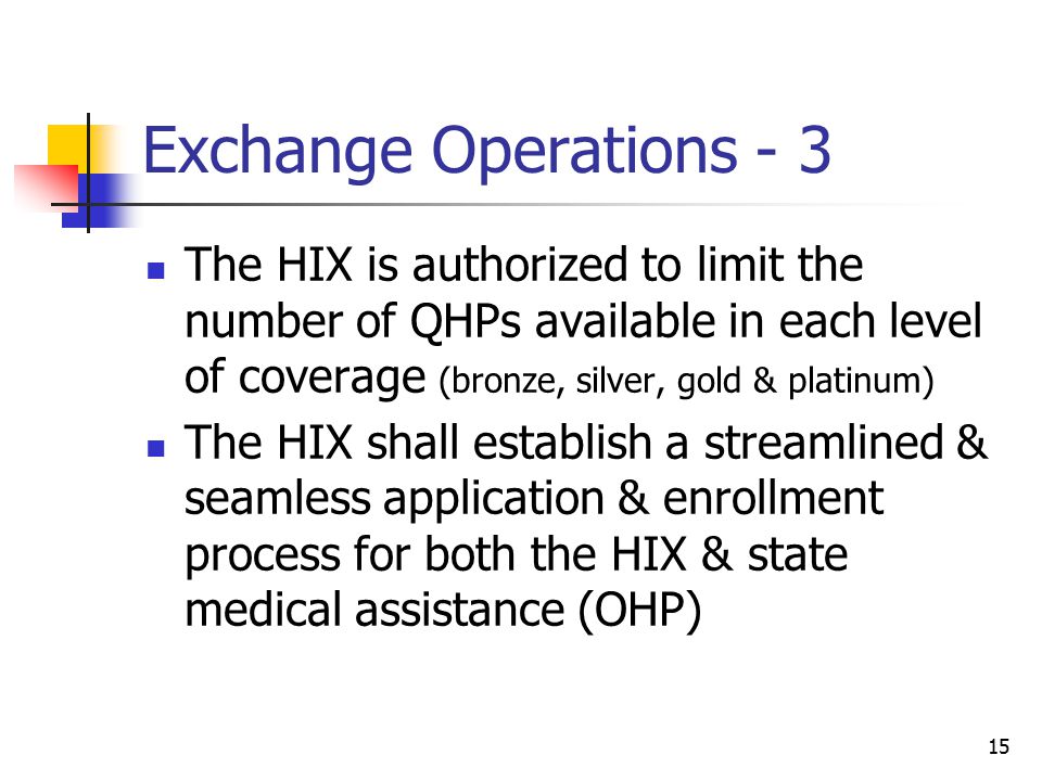 15 Exchange Operations - 3 The HIX is authorized to limit the number of QHPs available in each level of coverage (bronze, silver, gold & platinum) The HIX shall establish a streamlined & seamless application & enrollment process for both the HIX & state medical assistance (OHP)