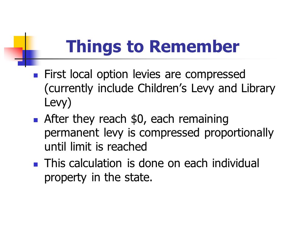 Things to Remember First local option levies are compressed (currently include Children’s Levy and Library Levy) After they reach $0, each remaining permanent levy is compressed proportionally until limit is reached This calculation is done on each individual property in the state.