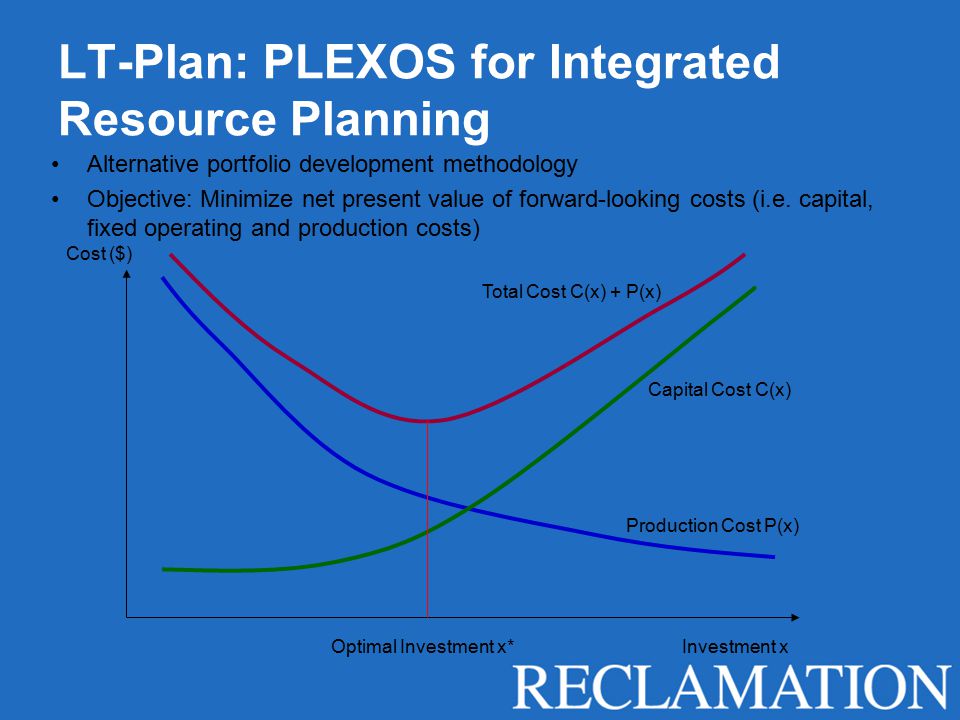 LT-Plan: PLEXOS for Integrated Resource Planning Alternative portfolio development methodology Objective: Minimize net present value of forward-looking costs (i.e.