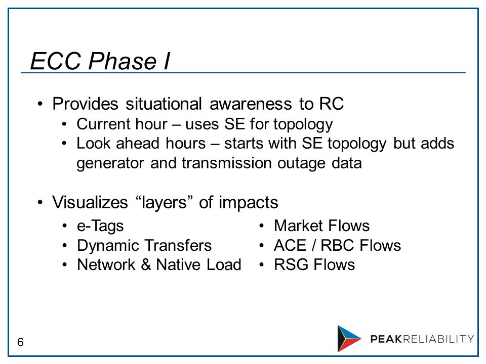 6 ECC Phase I e-Tags Dynamic Transfers Network & Native Load Market Flows ACE / RBC Flows RSG Flows Provides situational awareness to RC Current hour – uses SE for topology Look ahead hours – starts with SE topology but adds generator and transmission outage data Visualizes layers of impacts