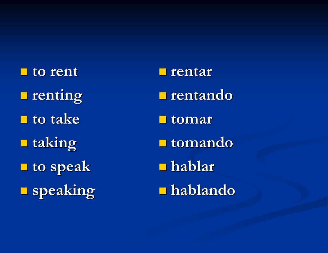 to rent to rent renting renting to take to take taking taking to speak to speak speaking speaking rentar rentando tomar tomando hablar hablando