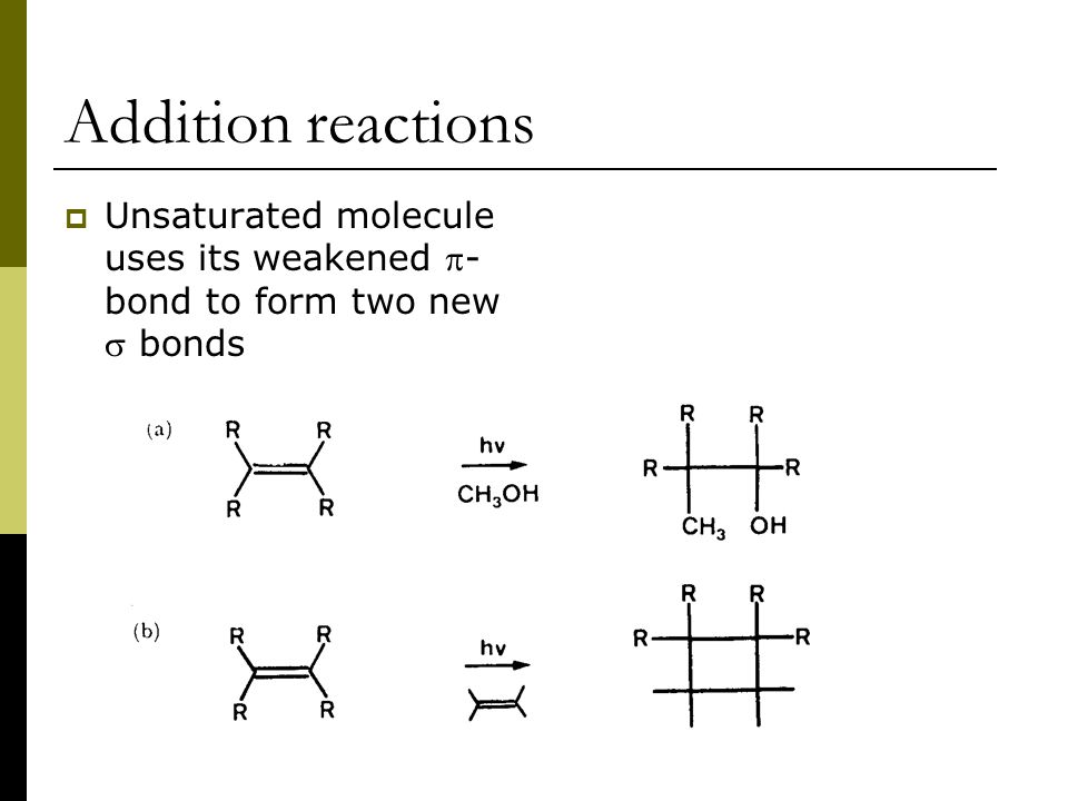Addition reactions  Unsaturated molecule uses its weakened - bond to form two new  bonds