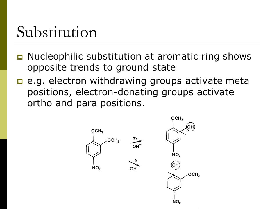 Substitution  Nucleophilic substitution at aromatic ring shows opposite trends to ground state  e.g.